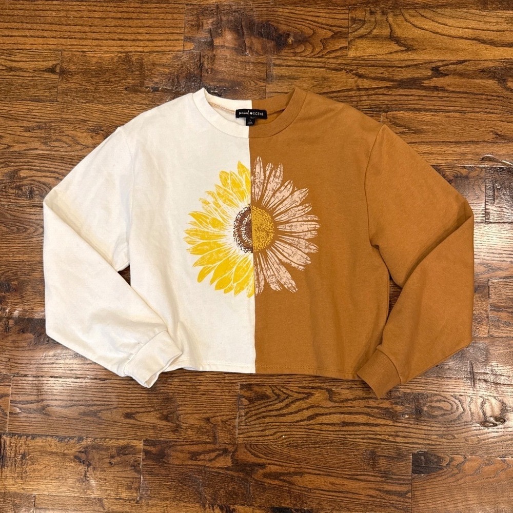 Social Scene Sunflower Split Color Block Cropped Sweatshirt Large Boho #Y2K